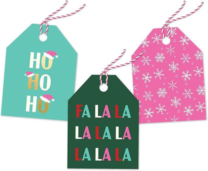 Pro Supply Global 24 Count of 2.5 Inch x 3 Inch Pre Strung Christmas FA La La Gift Tag Assorted Printed Designs on Large Cardstock Gift Hang Tags - Ideal to Use on Bags