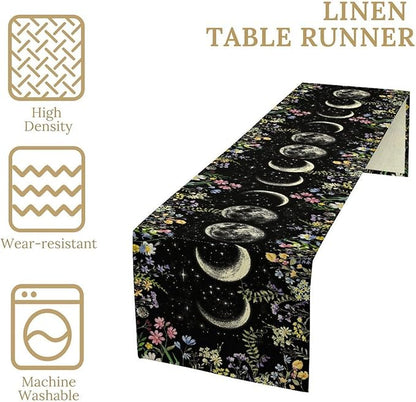 Wild Floral Table Runner, Boho Spring Gothic Moon Phase Wildflower Mystical Witchy Farmhouse Coffee Table Center Decor for Home Kitchen Dining Patio Holiday Party Table Decorations 13x36 inches