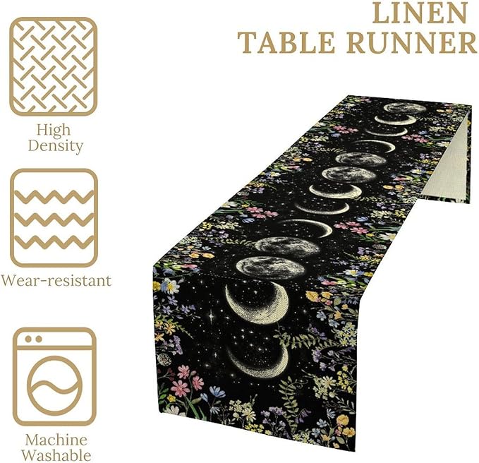 Wild Floral Table Runner, Boho Spring Gothic Moon Phase Wildflower Mystical Witchy Farmhouse Coffee Table Center Decor for Home Kitchen Dining Patio Holiday Party Table Decorations 13x90 inches