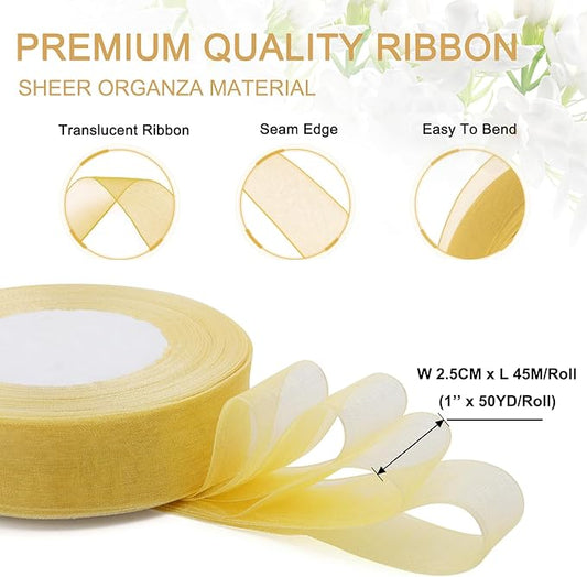 Gold Ribbon for Gift Wrapping, 1 inch 50Yard Sheer Organza Ribbon for Flower Bouquet, Golden Gifts Wrap Chiffon Ribbons for Fathers Day, Crafts, Christmas, Wedding, Birthday Party Decoration