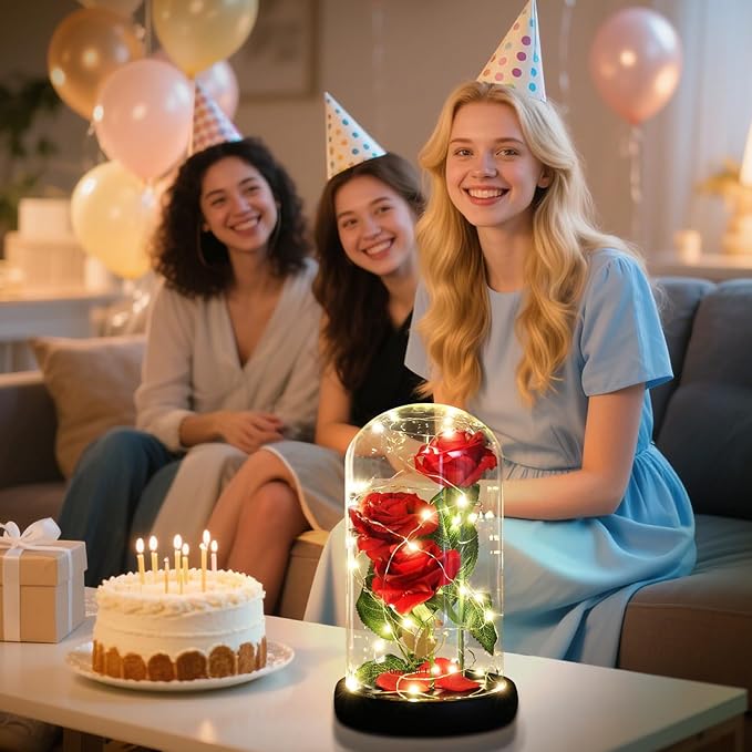 Christmas Rose Gifts for Her,Beauty and The Beast Rose Flowers 40 LED Lights Rose in Glass Dome,Woman Gifts for Christmas,Christma Ornaments Artificial Flower Rose Gift Romantic Gifts for Women