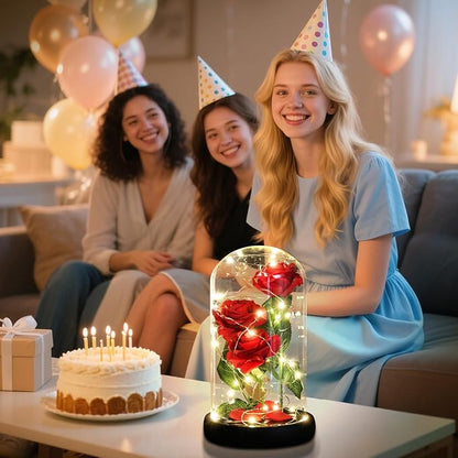Christmas Rose Gifts for Her,Beauty and The Beast Rose Flowers 40 LED Lights Rose in Glass Dome,Woman Gifts for Christmas,Christma Ornaments Artificial Flower Rose Gift Romantic Gifts for Women