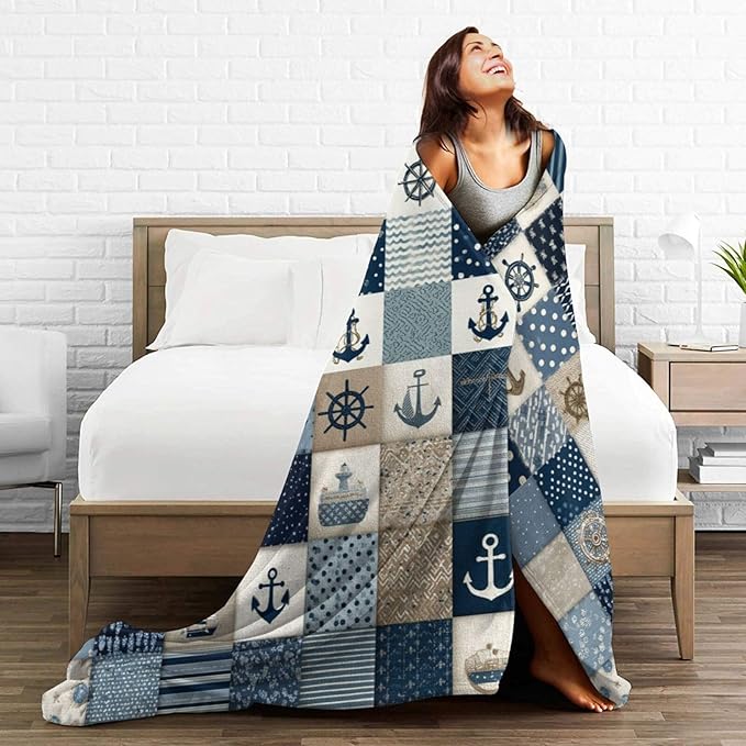 Nautical Blanket Ocean Sea Throw Blanket Sailboat Anchor Soft Cozy Fleece Fuzzy Stuffed Plush Flannel Gifts for Girls Women Boys Kids Adults 50"X60"