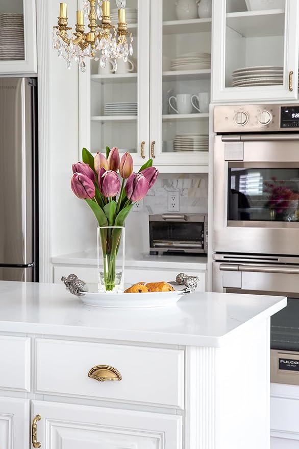 Briful Fake Flowers Artificial Tulip Flower Purple in Clear Vase, Real Touch EVA Tulip Arrangement Suitable for Home Office Fall Decoration, Dining Table Centerpiece
