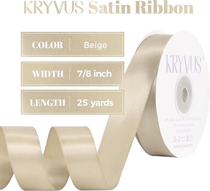 Beige Satin Ribbon, Double Faced 7/8 Inch X 25 Yards Beige Ribbon, Premium Satin Ribbon for Gift Wrapping, Crafts, Hair Bow Making, Sewing, Flower Bouquet, Wedding Party Decor