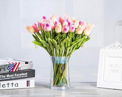30pcs Artificial Tulips Flowers Real Touch Multicolored Tulips Fake Holland PU Tulip Bouquet Latex Flowers for Wedding Party Office Home Kitchen Decoration (Champagne Light Purple Pink)
