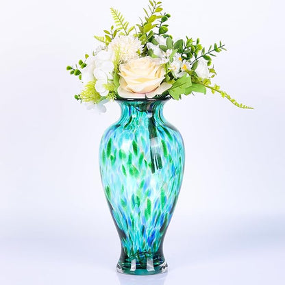 11.8" Tall Blown Teal Glass Vase, Green Opaque Glass Vase, Unique Design Turquoise Wide Mouth Art Decoration for Home, Living Room, Dining Table, Pampas Grass Decor (Greener)