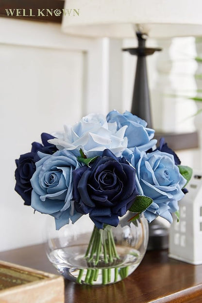 WELL KNOWN Silk Rose Artificial Flowers with Vase Artificial Rose Flower Arrangements in Round Bowl Vase with Faux Water for Home Table Decoration (Bicolor Blue)