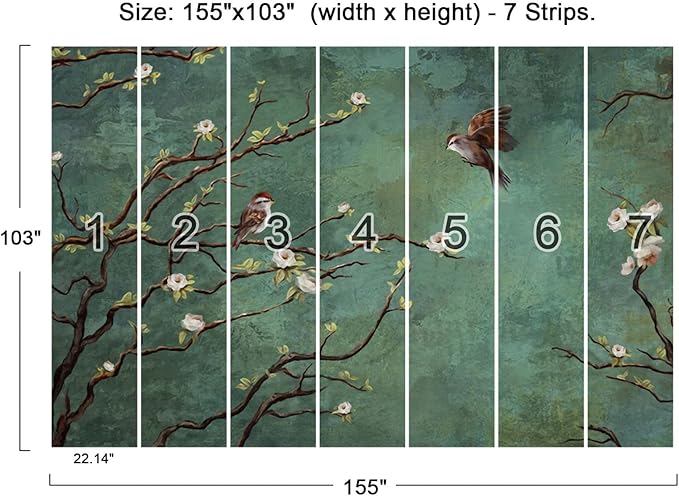 Wall Mural 3D Wallpaper - Flowers and Birds Design, 155" x 103" (Not Self-Adhesive)