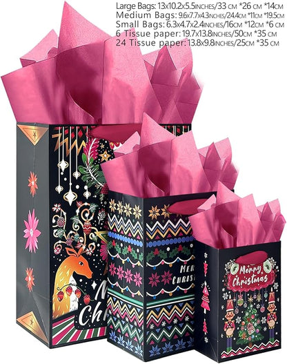 qiqee Christmas Paper Gift Bags with Tissue Paper Handles Assorted Sizes 10PCS Merry Christmas Bags(2pcs Large 13", 4pcs Medium 9", 4pcs Small 6"，30pcs Tissue Paper)