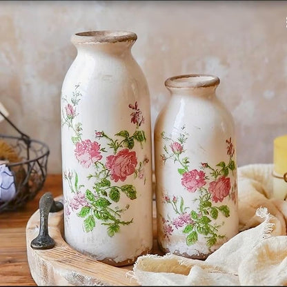 Vintage Rose-Floral Small Ceramic Vase Set, Retro Rustic Farmhouse Cute Flora Vase Gift, Art Décor for Your Home, Kitchen, Bedroom, Office, Living Room, Bathroom & Shelf Centerpiece Table Decorations
