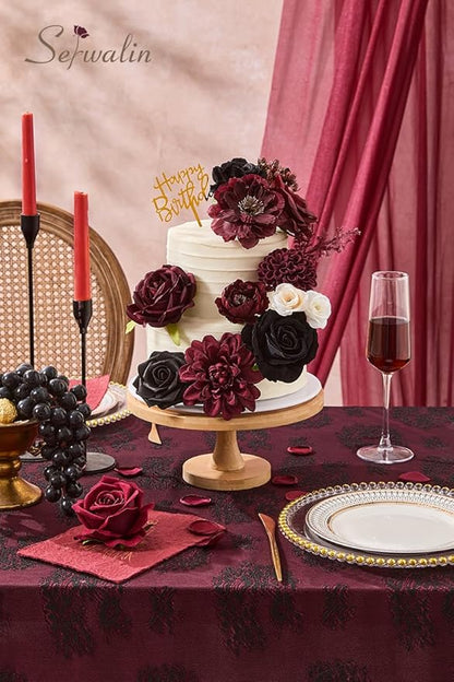 Serwalin Artificial Burgundy Black Flowers, Red Roses Silk Flowers for DIY Wedding Bridal Bouquets, Fake Halloween Black Flowers for Table Centerpieces Baby Shower Birthday Party Home Decorations