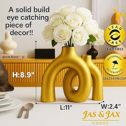 Gold Ceramic Vase Set - Modern Hug Donut Ceramic Vases by JAS & JAX GOODS, Minimalistic Nordic Home Decor Centerpiece for Console Tables, Living Room, Bookshelf, or Fireplace Mantel
