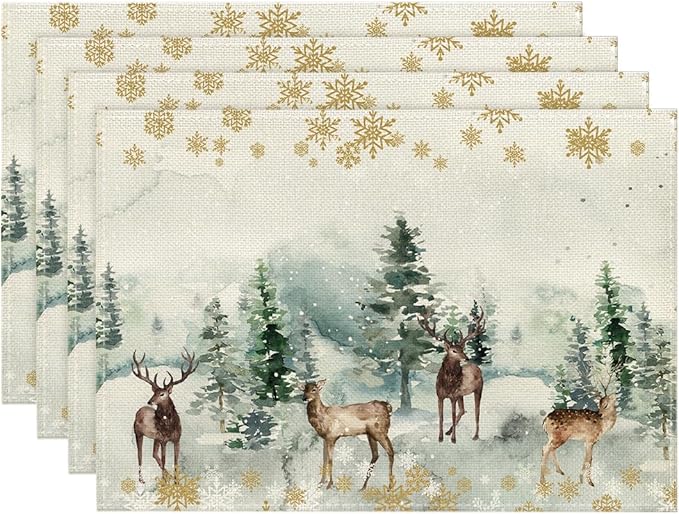 Artoid Mode Watercolor Deer Trees Snowflakes Christmas Placemats for Dining Table, 12 x 18 Inch Seasonal Winter Xmas Holiday Rustic Vintage Thanksgiving Washable Table Mats Set of 4