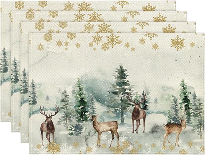 Artoid Mode Watercolor Deer Trees Snowflakes Christmas Placemats for Dining Table, 12 x 18 Inch Seasonal Winter Xmas Holiday Rustic Vintage Thanksgiving Washable Table Mats Set of 4