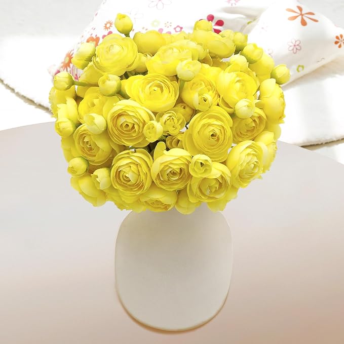 24 Pcs Ranunculus Yellow Artificial Flowers 10.5", Mini Faux Silk Ranunculus with Stem, Fake Flowers for Home Decor Indoor Wedding Bouquets Centerpieces (Light Yellow)