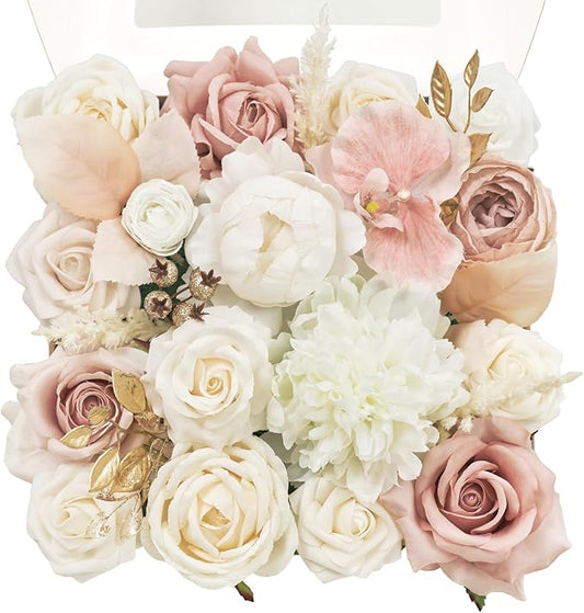 TINGE TIME Artificial Flowers Combo Mix Silk Flowers Pink Roses w/stem for DIY Wedding Bridal Bouquets Baby Shower Floral Arrangement Table Centerpieces Home Decorations (Dusty Rose & Champange)