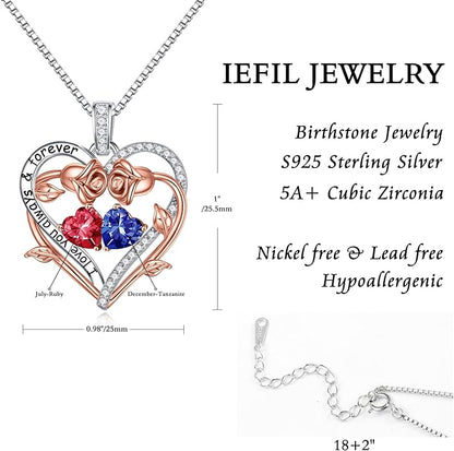 Iefil Rose Heart Double Birthstone Necklace Gifts for Wife Her Mom Women, Birthstone Jewelry Gemstone Birthday Gifts for Girlfriend Grandma Her Wife Women