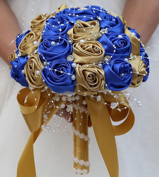 Bridal Wedding Bouquet Round Bling Brooch Bouquet Throw Toss Artificial Rose Flower Bunch for Bride Bridesmaid Wedding Quinceanera(Royal Blue & Gold, 7.5")
