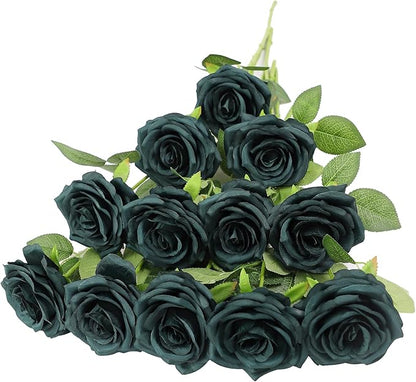 12pcs Artificial Rose Flower Dark Green Rose Emerald Green Flower with Long Stem Silk Roses Bouquet for Wedding Bridal Shower Party Home Decoration