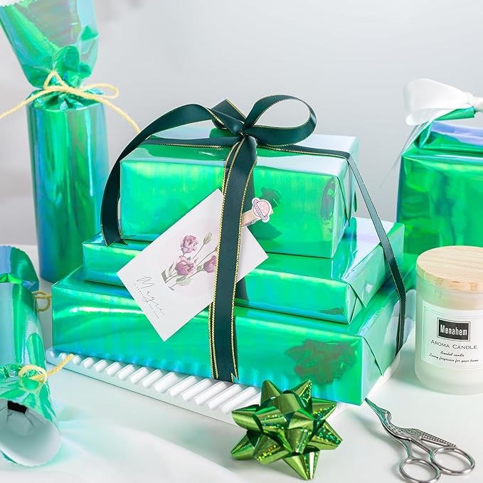 Christmas Green Iridescent Gift Wrap Paper - 17Inch x 33Feet - Luxury Solid Color Metallic Holographic Green Gift Wrapping Present Paper for Christmas, St.Patrick Day, Birthday, Weddings, Anniversary