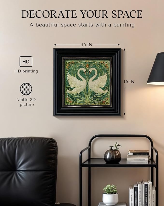Vintage 3D Textured Romantic Swan Couple Wall Art 16x16, Victorian Framed Swan Art Painting Sandstone Surface, Classic Black Frame with Gold Dots, Art Nouveau Animal Print Shop Home Decor
