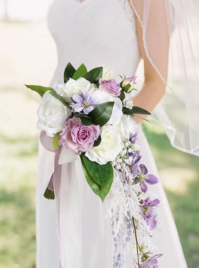 Bridal Bouquet,9 Inch Wedding Bouquets Purple and White Fake Wedding Silk Flowers for Ceremony Anniversary Brides Shower(Purple)