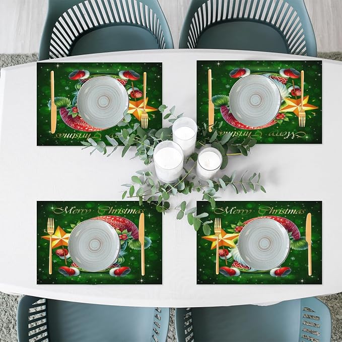 Xmas Christmas Green Santa Claus Placemats Set of 4 PVC Vinyl Non Slip Table Mats Heat Resistant Place Mats Washable Wipeable Dining Table Mat for Kitchen Decor Party Indoor Outdoor Decorative Gift