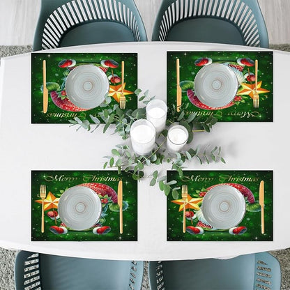 Xmas Christmas Green Santa Claus Placemats Set of 4 PVC Vinyl Non Slip Table Mats Heat Resistant Place Mats Washable Wipeable Dining Table Mat for Kitchen Decor Party Indoor Outdoor Decorative Gift