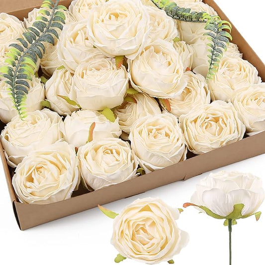 IPOPU White Roses Artificial Flowers Bulk 25pcs White Silk Rose Heads Bulk White Fake Roses Flowers for Decorations for Artificial Bouquet Wedding Silk Flowers for Home Decor Indoor (Off White)