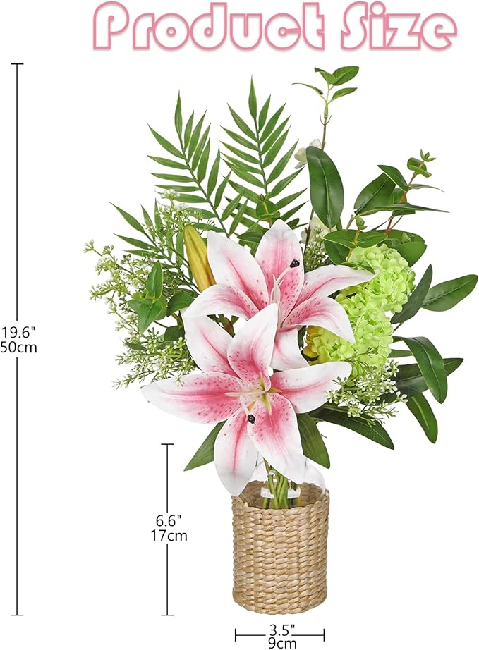 Hollyone Fake Flowers with Vase, Easter Lily Flowers, Pink Silk Tiger Lily and Hydrangea Artificial Flowers in Vase, Faux Plants and Flowers Arrangement Bouquets for Table Centerpieces Home Decor