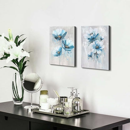Flower Abstract Canvas Wall Art: 2 Pieces Teal Floral Prints Artwork Vintage Turquoise Bouquet Botanical Painting Picture for Bedroom Living Room Bathroom Home Office