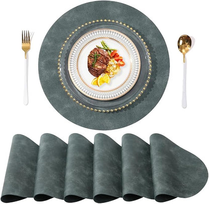UnivoColors PU Leather Placemats Set of 6,15 Inches Round Washed Cowhide Pattern Table Mats for Dining Table, Kitchen, Party Decoration(Retro Blue)