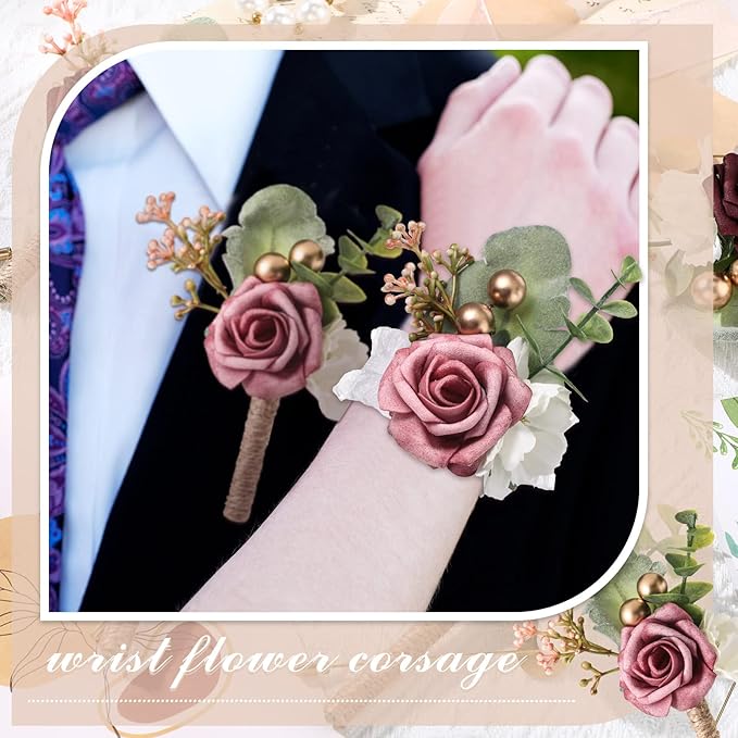 12 Pcs Wedding Wrist Corsage and Boutonniere Set Rose Wrist Corsage for Prom Boutonniere for Men Wedding Flowers Accessories Prom Suit Decorations for Wedding Ceremony Anniversary (Dusty Rose)