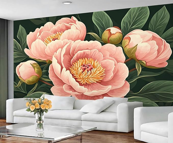 KIREUPA Peony Flower Wall Mural, Retro Pink Peony Flower 3d Wall Murals, Romantic Garden Theme Wallpaper Mural, for Living Room Bedroom Large Wallpaper Indoor Decor 78.7" W x55.1 H
