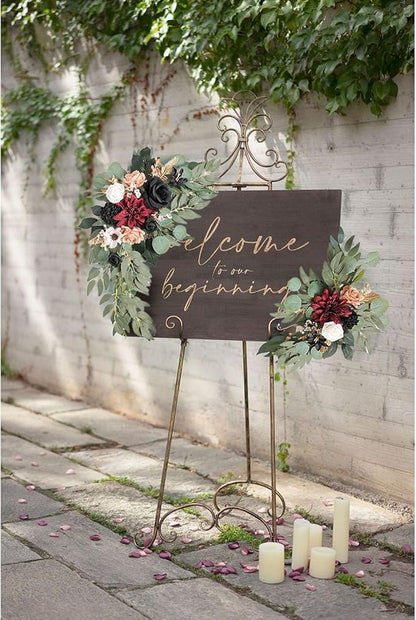 Burgundy Faux Flower Swag Set of 2, Artificial Flowers Swags for Wedding Arch, Wedding Welcome Signs, Welcome Reception Ceremony Signs Decorations