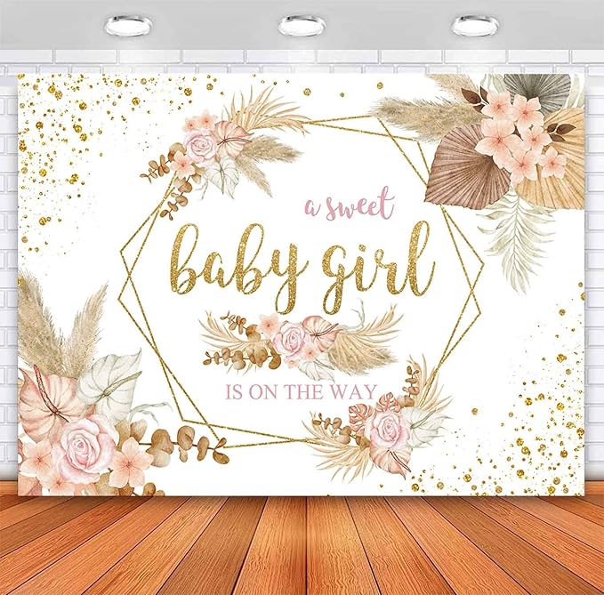 Sensfun Boho Sweet Girl Baby Shower Backdrop It's A Girl Baby Shower Photography Background Blush Pink Floral Pampas Grass Party Decorations Banner Newborn Photo Shoot Props 7x5ft