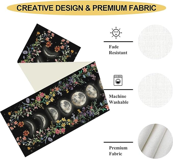 Boho Floral Table Runner, Spring Gothic Moon Phase Wildflower Mystical Witchy Farmhouse Coffee Table Center Decor for Home Kitchen Dining Patio Holiday Party Table Decorations 13x90 inches