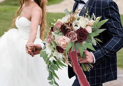 9 Inch Artificial Wedding Bouquets for Bride Bridal Bouquet Bridesmaid Bouquet Tossing Bouquet for Wedding Ceremony Anniversary Bridal Shower(Marsala & Blush)