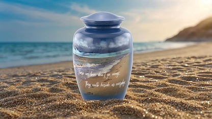 Footprints Cremation Urn - Ocean Blue Memorial Urn with Beach & Waves – Full-Size Handcrafted Metal Funeral Urns for Men & Women’s Ashes (Up to 210 lbs) – A Beautiful Tribute for Ocean Lovers