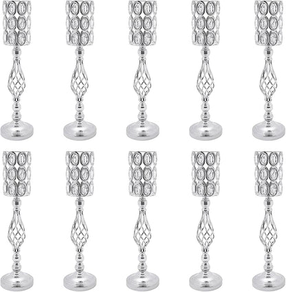 Wedding Centerpieces for Tables, 10 Pcs Vases for Centerpieces with Crystal Beads, 24in Tall Wedding Vase for Tables, Metal Flower Vase Stand with Crystal Beads(Silver)