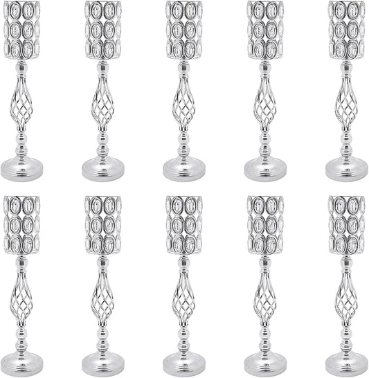 Wedding Centerpieces for Tables, 10 Pcs Vases for Centerpieces with Crystal Beads, 24in Tall Wedding Vase for Tables, Metal Flower Vase Stand with Crystal Beads(Silver)