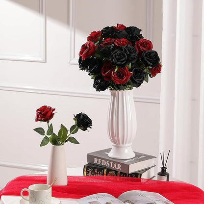 Nubry 24pcs Artificial Silk Roses Bulk,Fake Roses Flower with Stems Realistic Flowers for Wedding Centerpiece Home Party Decor(Black)