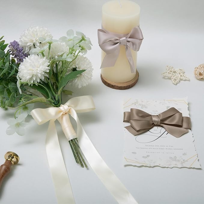 Champagne Double Face Satin Ribbon 1 Inch x 45 Yards Ivory Fabric Ribbon for Gift Wrapping, Flower Bouquets, Hair Bows Making, Wedding Decoration, Invitation Cards, Christmas (3 Rolls *15Yd)