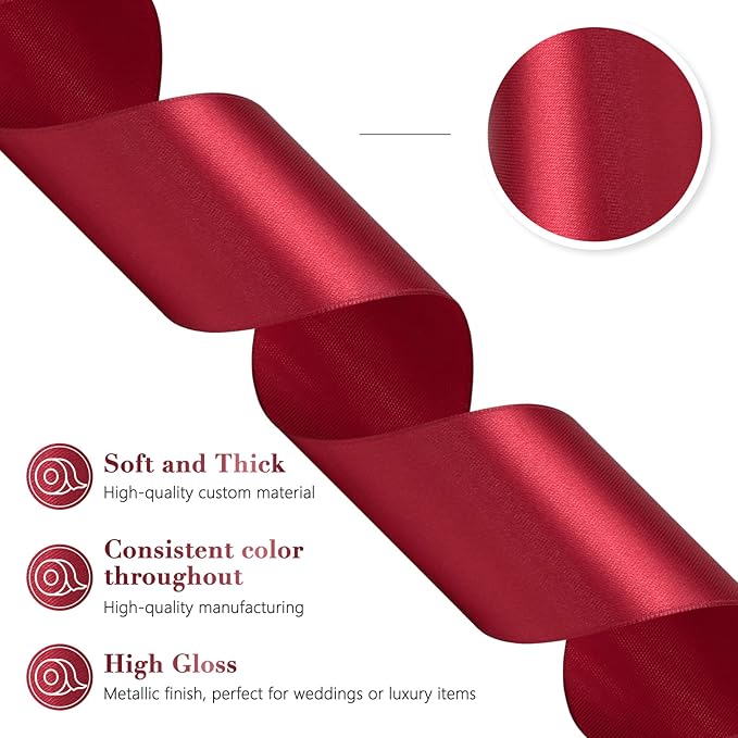 Wine Red Ribbon 2 Inch 60 Yards, Dark Red Satin Ribbon for Flower Bouquet, Christmas, Wedding, Crafts, Gift Wrapping, Baby Shower, Bows and Outdoor Decor