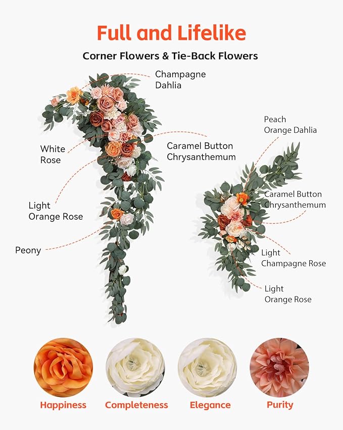 VEVOR Artificial Wedding Arch Flowers Kit, Orange Wedding Arch Flowers with Drapes Kit (Pack of 5) - 2 Pcs Floral Arrangement, 3 Pcs Sheer Drapes, for Ceremony Bouquets Reception Backdrop Decoration