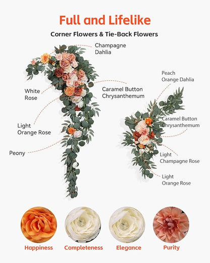 VEVOR Artificial Wedding Arch Flowers Kit, Orange Wedding Arch Flowers with Drapes Kit (Pack of 5) - 2 Pcs Floral Arrangement, 3 Pcs Sheer Drapes, for Ceremony Bouquets Reception Backdrop Decoration