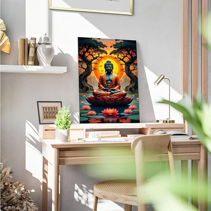 Canvas wall art Golden Buddha on lotus at sunset Ancient trees with reflections on water Serene meditation scene Uplifting wall art for mindfulness and tranquil home decor 12x18in Frameless