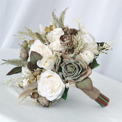 Wedding Bouquet Artificial Roses Flower Bride Bridal Bouquets Handmade Silk Creamy Flower Wedding Bridal Bouquets for Church Party Home Decoration