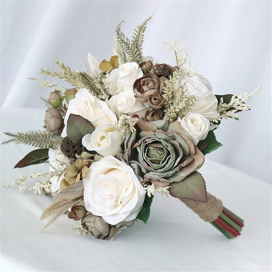 Wedding Bouquet Artificial Roses Flower Bride Bridal Bouquets Handmade Silk Creamy Flower Wedding Bridal Bouquets for Church Party Home Decoration